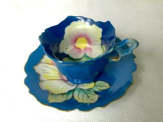 Vintage Antique Tea Cup Saucer Blue Flowers Hand Painted Made In Japan Demitasse