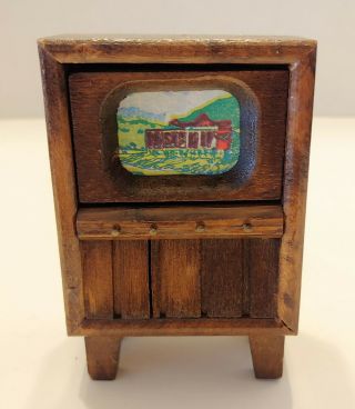 Vintage Doll House Furniture Wood Tv Television Set W/ Picture