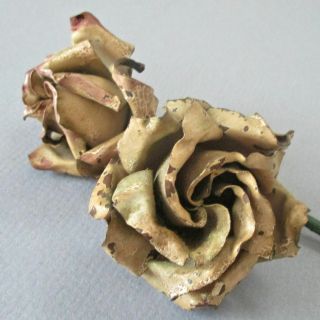 2 Shabby Antique Small Hand Made Painted Tole Roses Layers Of Curled Petals