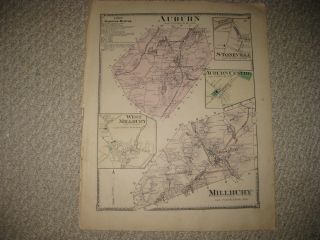 Antique 1870 Auburn Millbury Worcester County Massachusetts Handcolored Map Rare