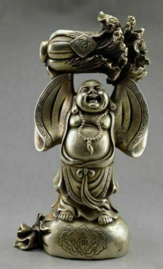 Collectible Decorated Old Tibet Silver Carved Buddha Held Cabbage Bless Statue