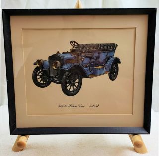 Vintage Wood Framed Print Of 1909 White Steam Car Blue Color