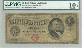 Rare $5 Series 1886 Silver Dollar Back Silver Certificate Pmg Very Good 10
