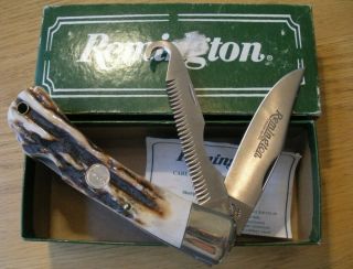 Very Rare Vintage Remington Umc Usa R3 - W Stag Big Game Dual Lockback Knife & Box