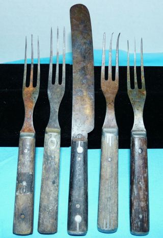 Antique Civil War Era 4 Wood W Pewter Inlay 3 Tine Forks,  Essex Cutlery Knife
