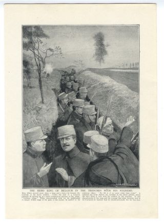 1915 Ww1 Antique Print King Albert Of Belgium With Soldiers In The Trenches (392