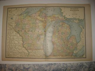 Large Antique 1887 Michigan Wisconsin Railroad Map Northern Peninsula Nr