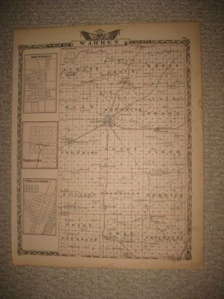 Antique 1876 Warren County Illinois Map Monmouth Chillicothe Yates City Abingdon
