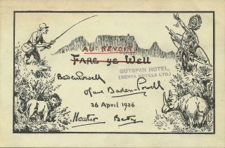 1936 Baden Powell & Family Card Outspan Hotel Kenya - Printed Signatures But Rare