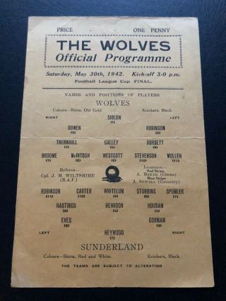 1942 War Cup Final Programme Wolves V Sunderland.  As Ultra Rare As They Come