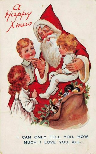 Santa Claus With Children Toys And Black Doll Antique Christmas Postcard - C827