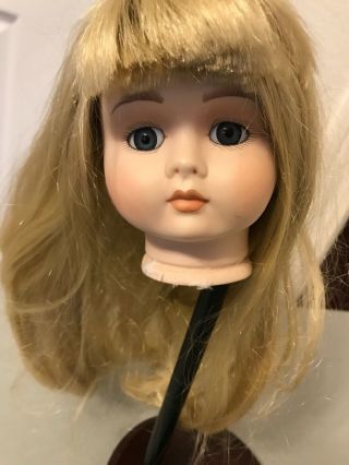 Porcelain Vintage Doll Head 5” Long Blonde Hair Parts Arms - Kegs - Blue Eyes Child