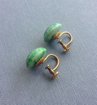 Antique Art Deco Green Peking Glass Screw On Earrings