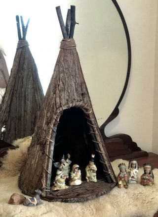 Wood Teepee Nativity Scene Indian Figurines Christmas Holiday Rare