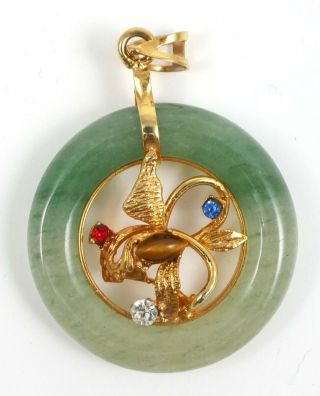 Vintage Jade Disc Gold Tone Pendant With Tiger Eye Stone