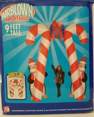 Rare Gemmy Airblown Inflatable Candy Cane Archway With Penguins 9 Feet Tall 2005