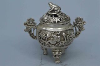 Collectable Handwork Miao Silver Carve Lotus Duck Beauty Royal Incense Burner