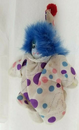 Small Vintage Clown Doll Porcelain Painted Face Bean Bag Body 6” Polka Dot Blue