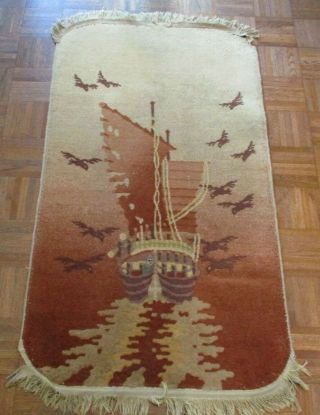 Fine Old Antique Chinese Small Area Rug Or Wall Hanging Carpet With Boat And Sea