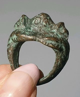 A Unusual Ancient / Archaic Chinese Bronze Ring.  " Hong " Two Headed Dragon.