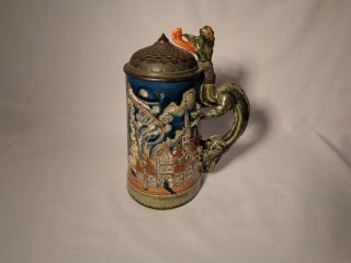 Rare Mettlach 1786 Otto Hupp Etched Hp St.  Florian Dragon Handled Beer Stein - Nr