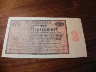 1923 Rare Germany Rentenbank Stabilization Bank 2 Rentenmark 1.  11.  1923 Unc