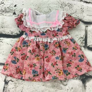 Vintage Doll Clothing Pink Floral Dress Lace Trim Puff Sleeves