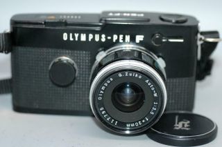 Black Olympus Pen Ft 35mm 1/2 Frame Camera W 20mm F3.  5 Zuiko Lens - Rare - Ex,