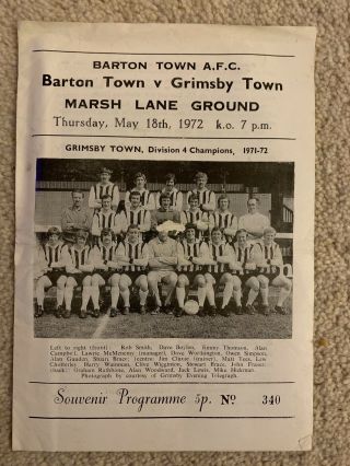 Barton Town Afc V Grimsby Town 1972 Friendly Rare