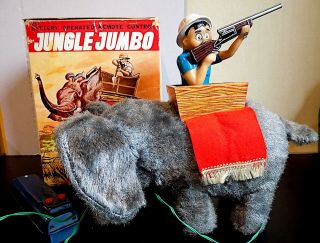 Rare Vintage Tin Battery Op Jungle Jumbo Toy Wt Teddy Roosevelt,  B - C Toys,  Nmirb