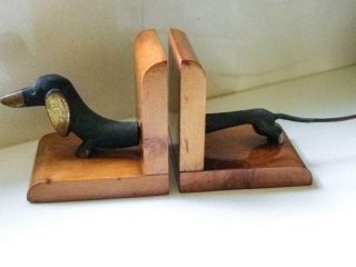 Antique Rare & Unique Timber Bookends - Cast Iron & Brass Daschund Dog Long Tail