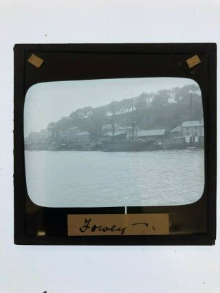 Antique Magic Lantern Slide Fowey Cornwall Ships Boats Seaside Rare Photograph