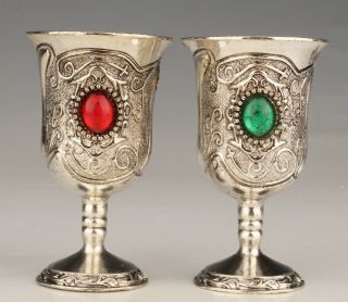 2 Antique Chinese Silver - Plated Wine Cup Glasses Decorated Old Gemstones