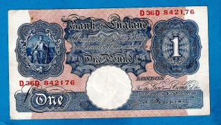 Rare Wwii Emergency Blue/pink Issue England B249 £1 Peppiatt 29.  3.  40 D36d Axf,