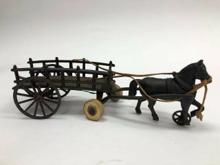 Rare Antique Kenton Or Wilkins Cast Iron Horse Drawn Freight Stake Hay Wagon Toy