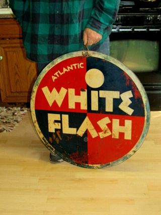 Rare Vintage Atlantic White Flash Gasoline Enamel Paint Steel Double 2 Side Sign