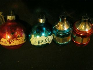Antique - Set Of 4 - Small - Glass - Christmas Tree Ornaments - Lanterns - Scenes