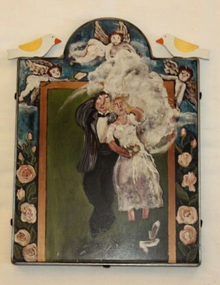 Nancy Thomas Folk Art Iron Framed Wedding Plaque Love Birds 12 " X 9 " Rare Auth