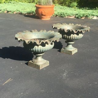 Vintage And Rare Cast Iron Planters Urns With Ruffled Edge And Old Paint