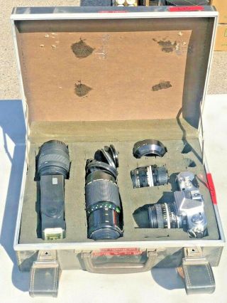 [rare] Nikon Nikkormat Fs 35mm Film Slr Body W/ 4 Lenses & Case