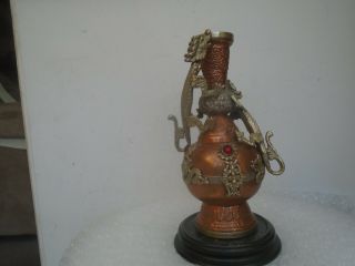 Rare Tibetan Antique Copper Vase With Silvered Dragons & Red Glass Cabochons Wow