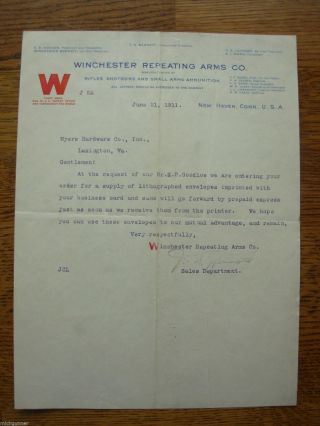 Rare Winchester Repeating Arms June 1911 Letter Wra