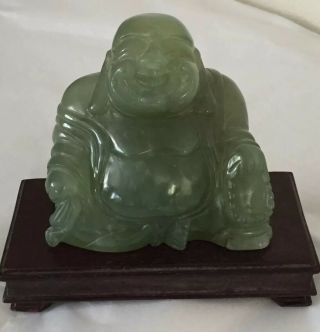 Classic Chinese Jade Laughing Buddha On Wooden Plinth