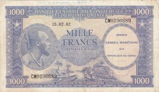 1000 Francs Fine Banknote From Congo 1962 Pick - 2 First Issue Very Rare