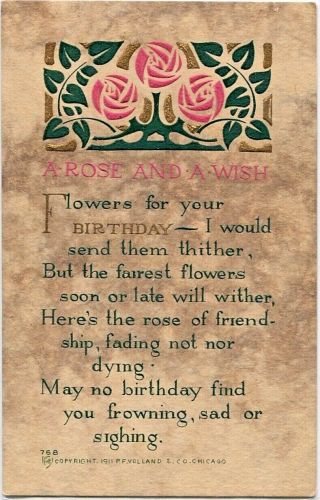 Antique Volland Arts & Crafts Birthday Postcard Pink Roycroft Roses 1911 No.  768