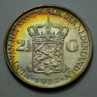 1937 2 1/2 Gulden Silver Wilhelmina Koningin Der Nederlands Coin Nat.  Toning Rare