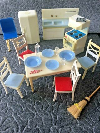 Vintage Mid - Century Plastic Doll House Furniture Kitchen with broom,  straws,  etc 2