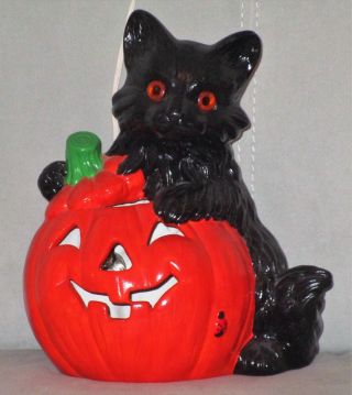 Rare Vtg Glenview Mold Ceramic Halloween Black Cat On Pumpkin Light 12 " Exc Cond