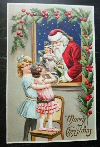 Christmas Santa Claus At Window With Little Girls & Doll Antique Postcard - K631