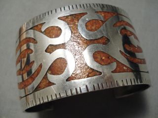Very Rare All Coral Inlay Vintage Navajo Sterling Silver Bracelet Old